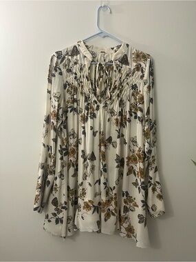 Free People Cream Floral Tie-Neck Blouse with Mustard Accents